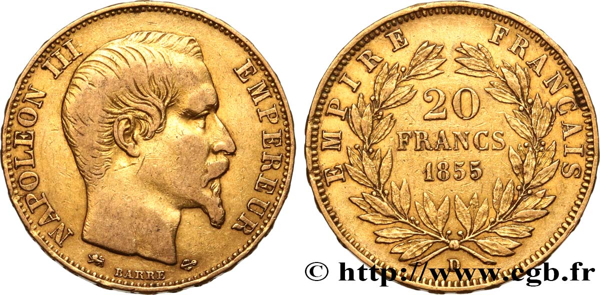 20 francs or Napoléon III, tête nue 1855 Lyon F.531/7 TB38 