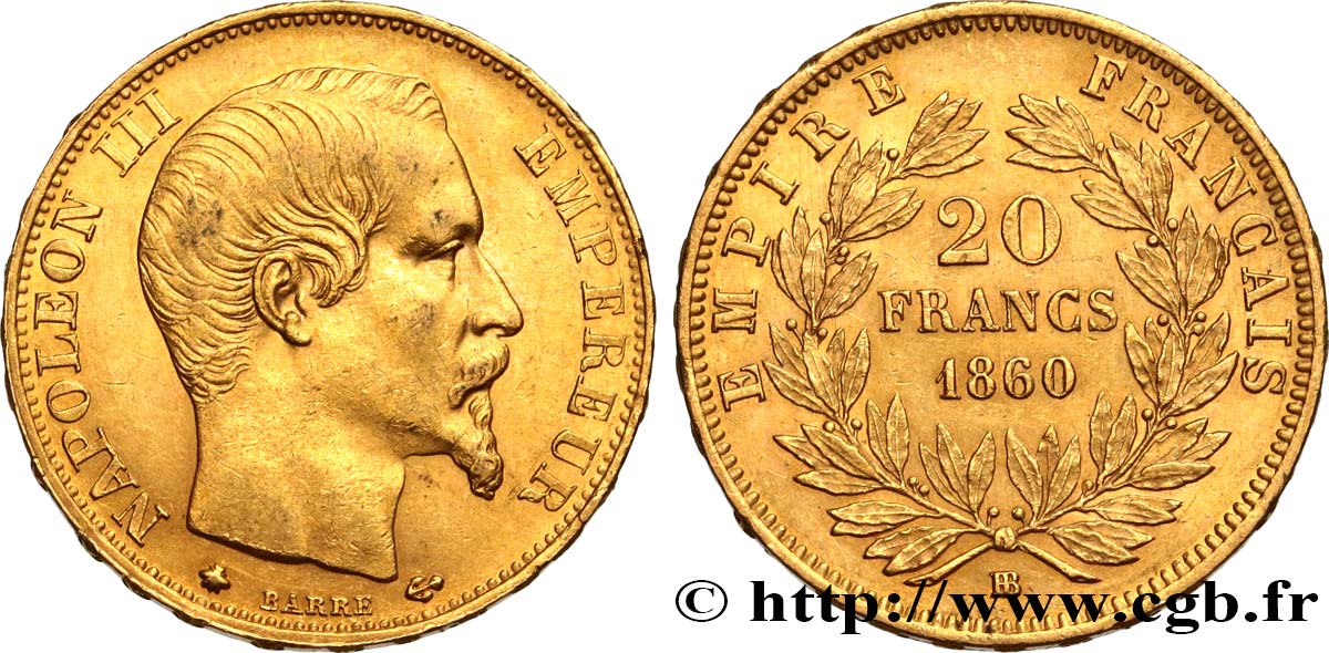 20 francs or Napoléon III, tête nue 1860 Strasbourg F.531/20 SPL55 