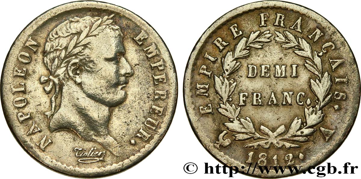Demi-franc Napoléon Ier tête laurée, Empire français 1812 Paris F.178/35 VF 