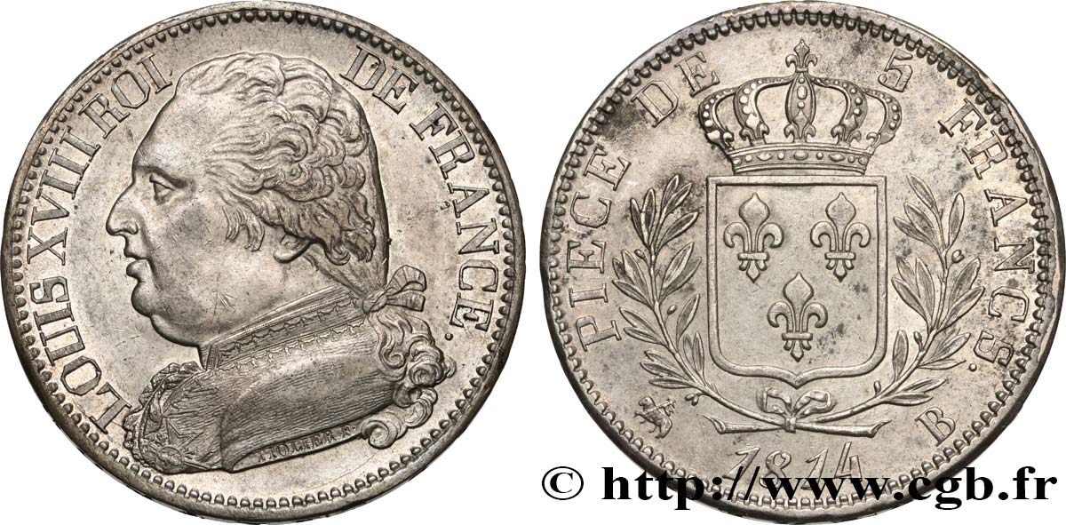 5 francs Louis XVIII, buste habillé 1814 Rouen F.308/2 SUP58 