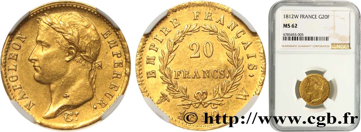 20 francs or Napoléon tête laurée, Empire français 1812 Lille F.516/29 EBC62 NGC