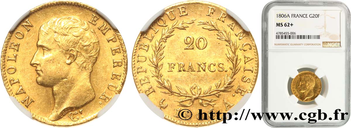 20 francs or Napoléon tête nue, Calendrier grégorien 1806 Paris F.513/1 MS62 NGC