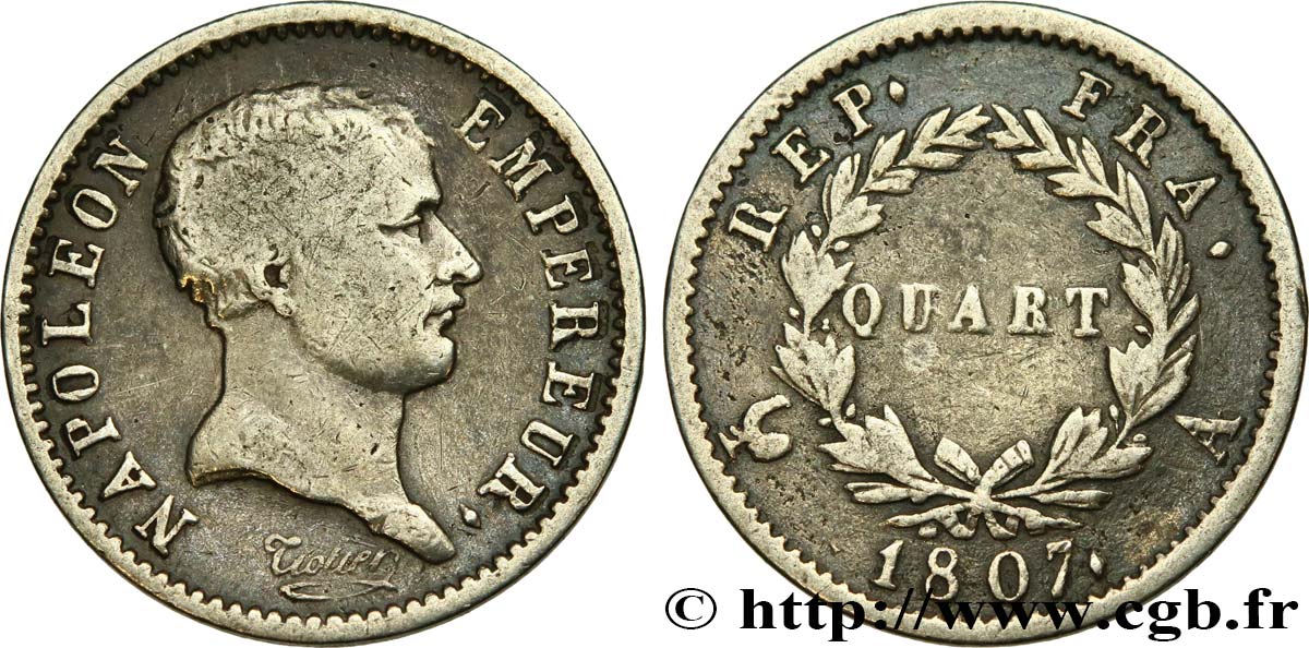 Quart (de franc) Napoléon Empereur, tête de nègre 1807 Paris F.160/1 TB 