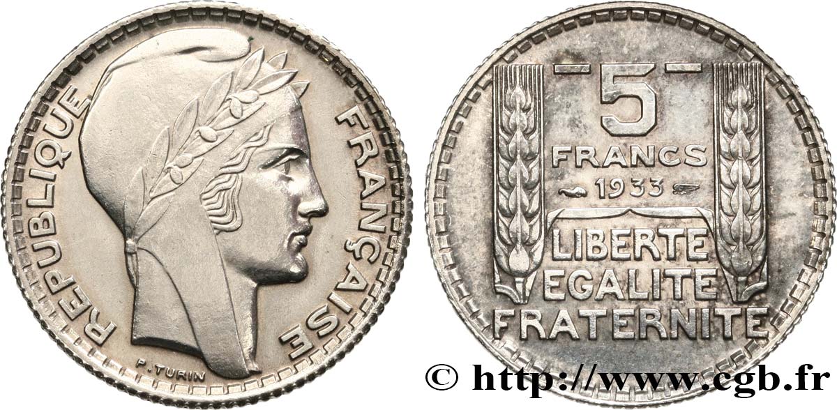 Épreuve en Bronze argenté, sans le mot ESSAI de 5 francs Turin 1933 Paris GEM.140 8 q.SPL 