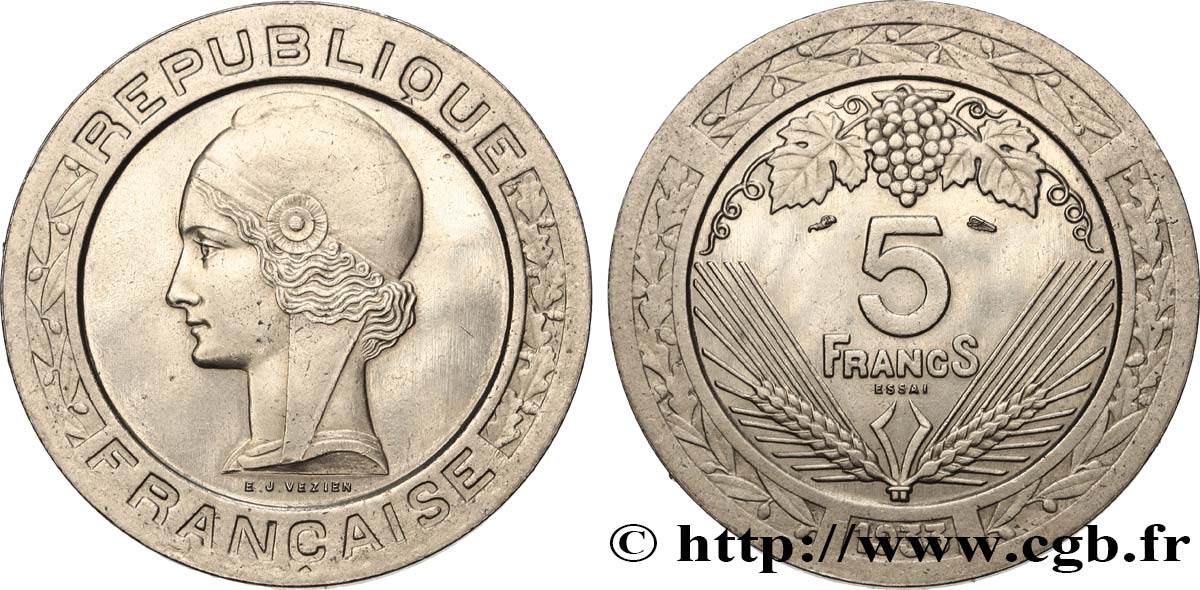 Concours de 5 francs, essai de Vézien, en nickel 1933 Paris GEM.139 1 SC63 