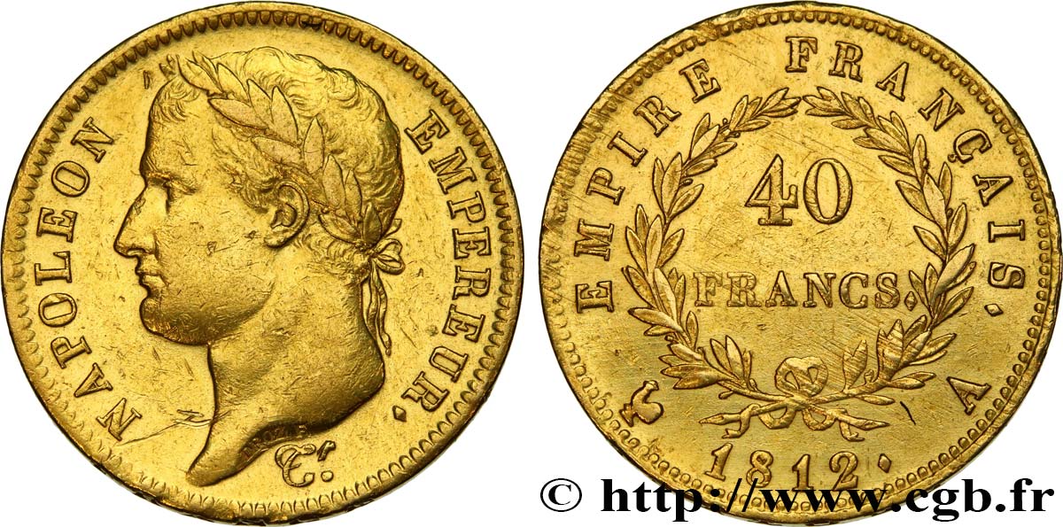40 francs or Napoléon tête laurée, Empire français 1812 Paris F.541/9 XF 