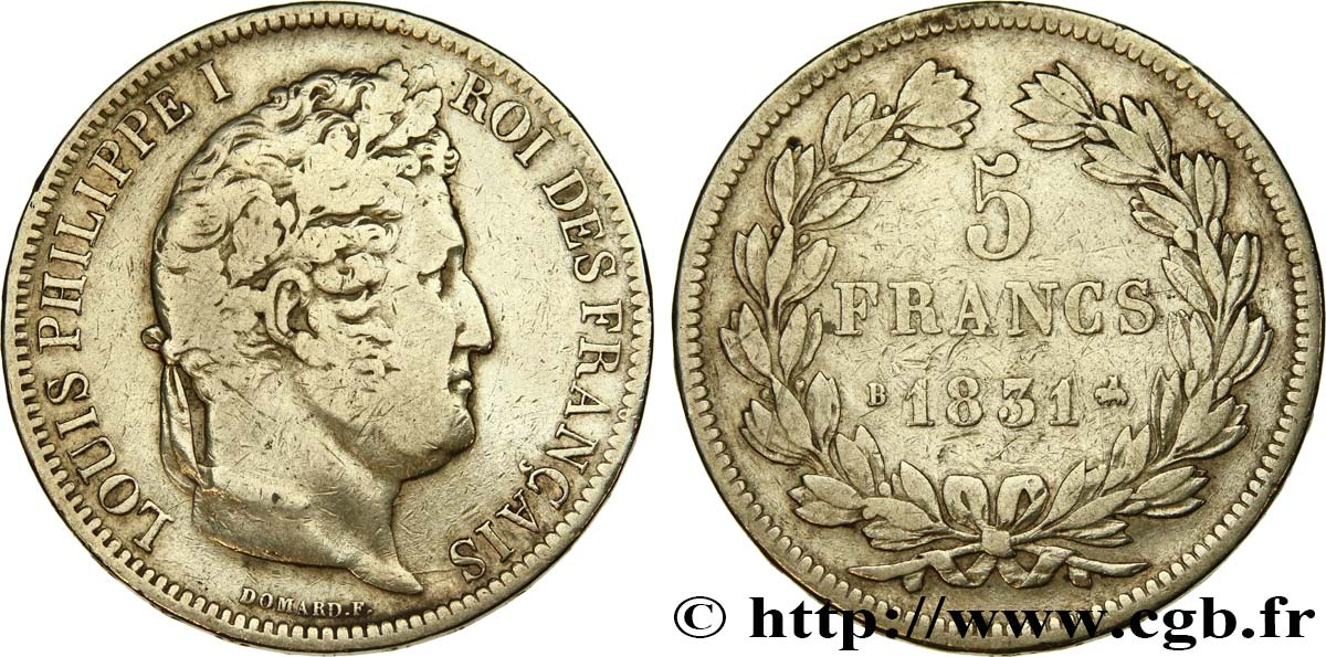 5 francs Ier type Domard, tranche en relief 1831 Rouen F.320/2 S 