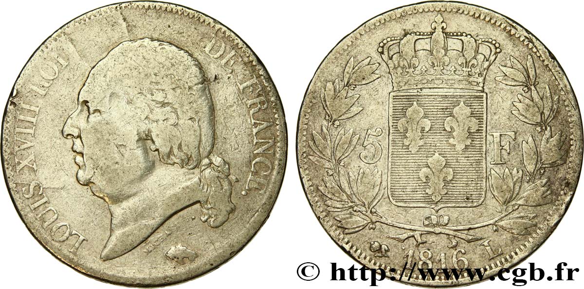 5 francs Louis XVIII, tête nue 1816 Bayonne F.309/8 q.MB 