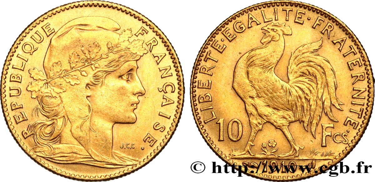 10 francs or Coq 1910 Paris F.509/11 MBC+ 