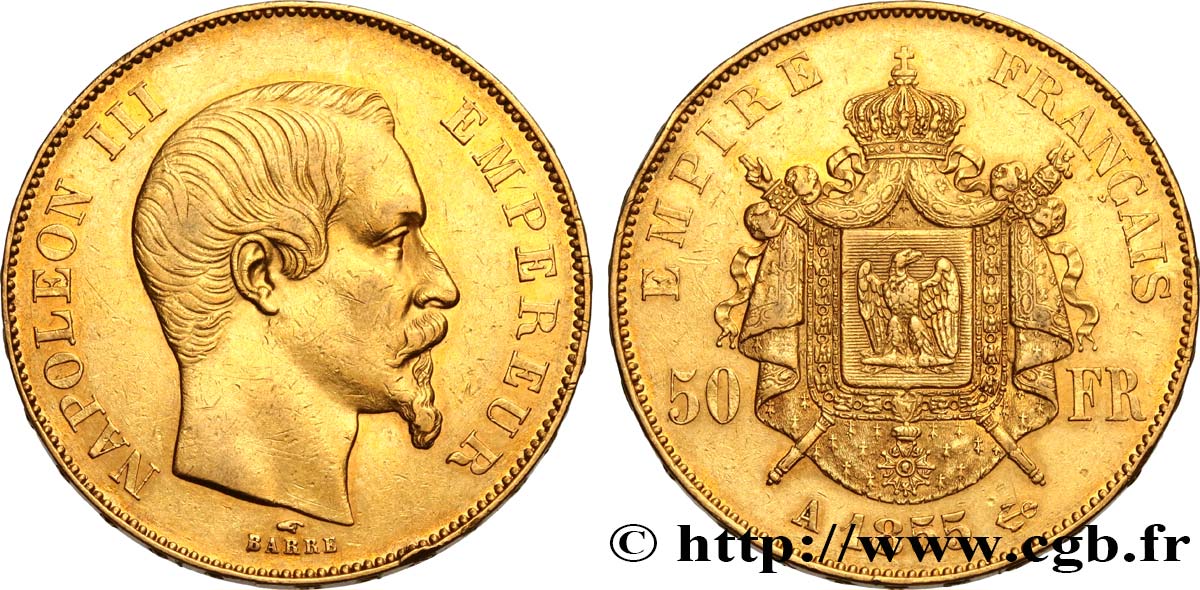50 francs or Napoléon III, tête nue 1855 Paris F.547/1 MBC+ 