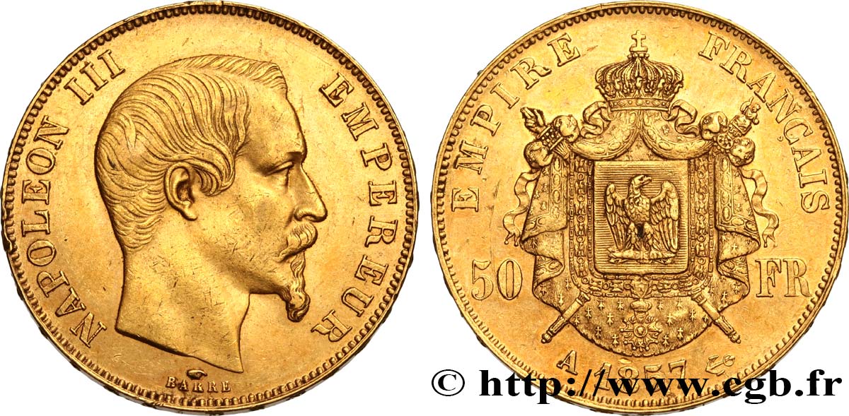50 francs or Napoléon III, tête nue 1857 Paris F.547/4 q.SPL 