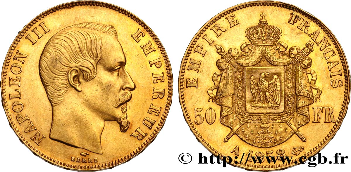 50 francs or Napoléon III, tête nue 1858 Paris F.547/5 MBC50 