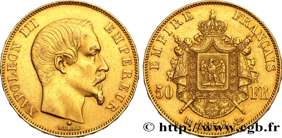 50 francs or Napoléon III, tête nue 1859 Strasbourg F.547/8 TTB 