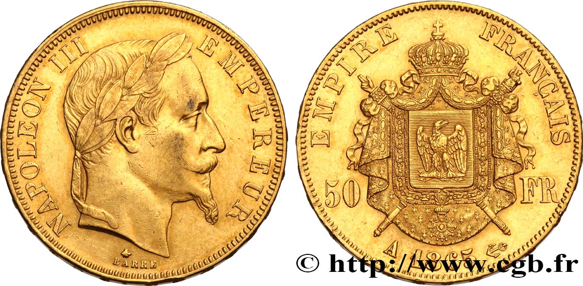 50 francs or Napoléon III, tête laurée 1865 Paris F.548/5 q.SPL 