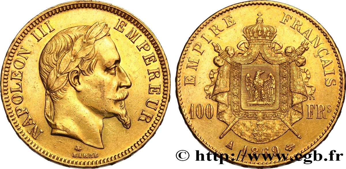 100 francs or Napoléon III, tête laurée 1869 Paris F.551/12 MBC+ 