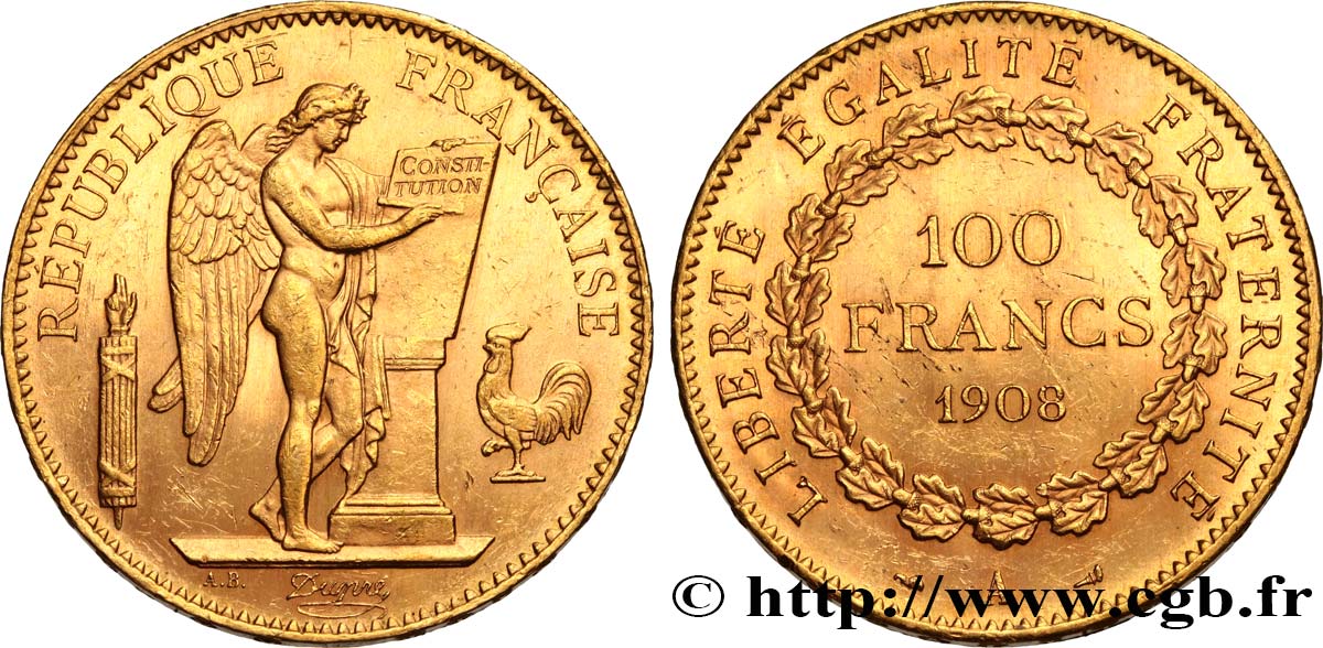 100 francs or Génie, tranche inscrite en relief liberté égalité fraternité 1908 Paris F.553/2 SUP60 