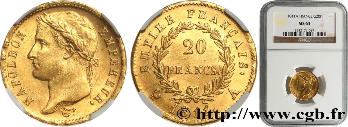 20 francs or Napoléon, tête laurée, Empire français 1811 Paris F.516/16 fST63 NGC