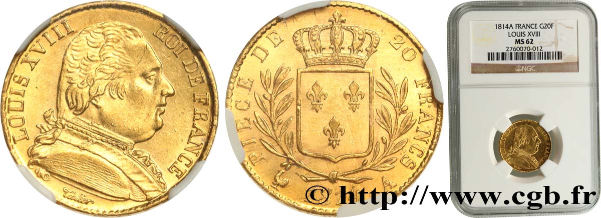 20 francs or Louis XVIII, buste habillé 1814 Paris F.517/2 EBC62 NGC