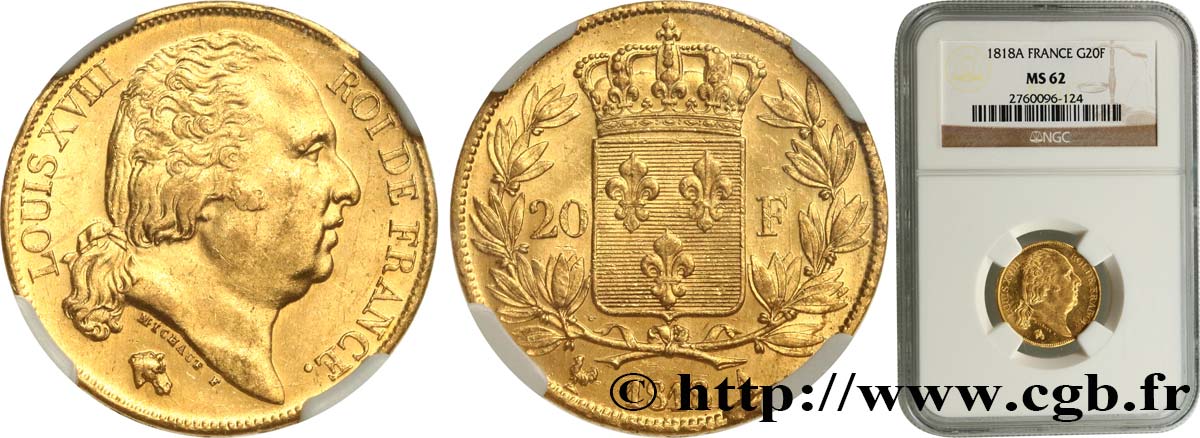 20 francs or Louis XVIII, tête nue 1818 Paris F.519/10 SPL62 NGC