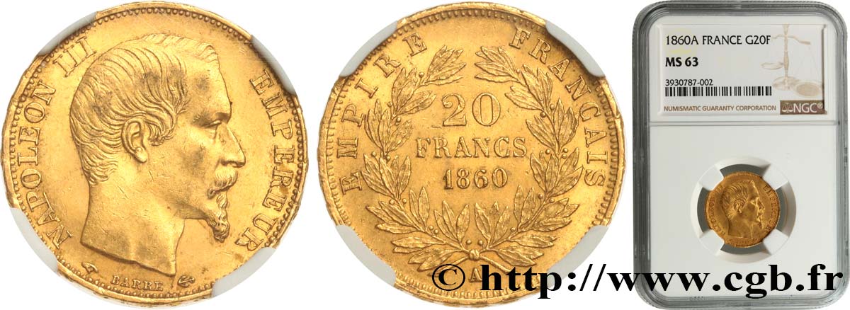 20 francs or Napoléon III, tête nue 1860 Paris F.531/18 MS63 NGC