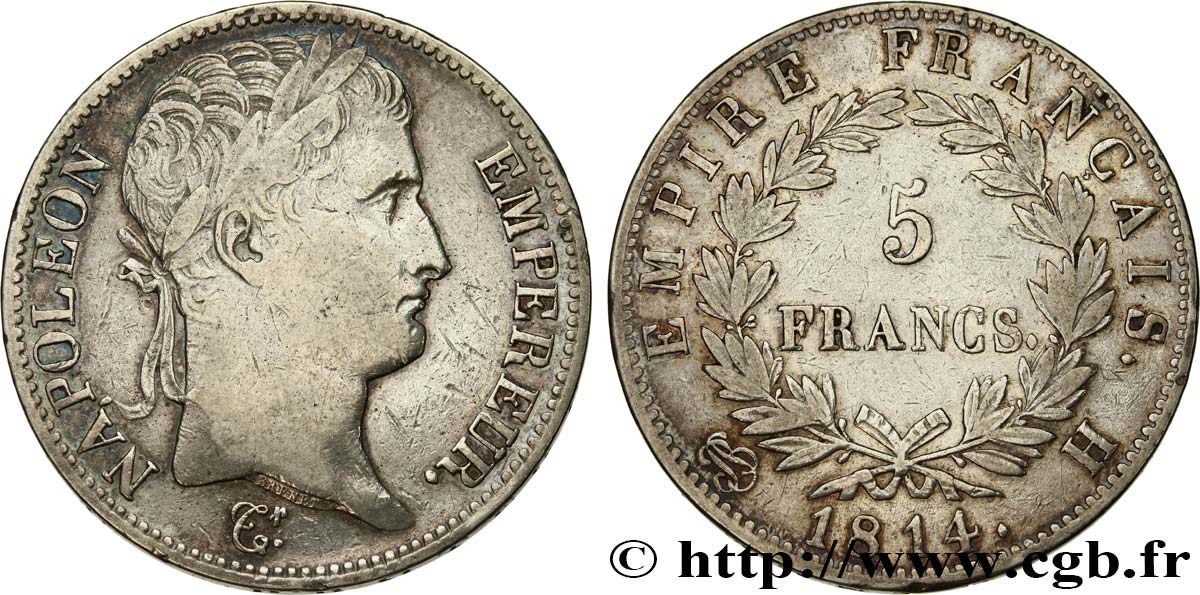 5 francs Napoléon Empereur, Empire français 1814 La Rochelle F.307/80 BC 