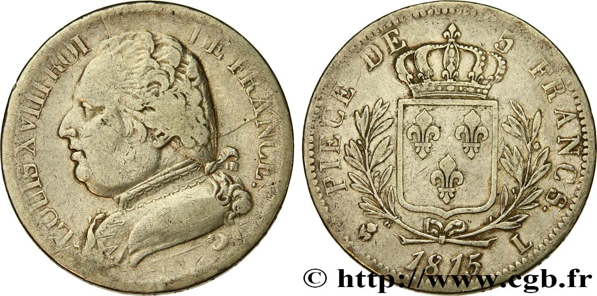 5 francs Louis XVIII, buste habillé 1815 Bayonne F.308/23 VF 