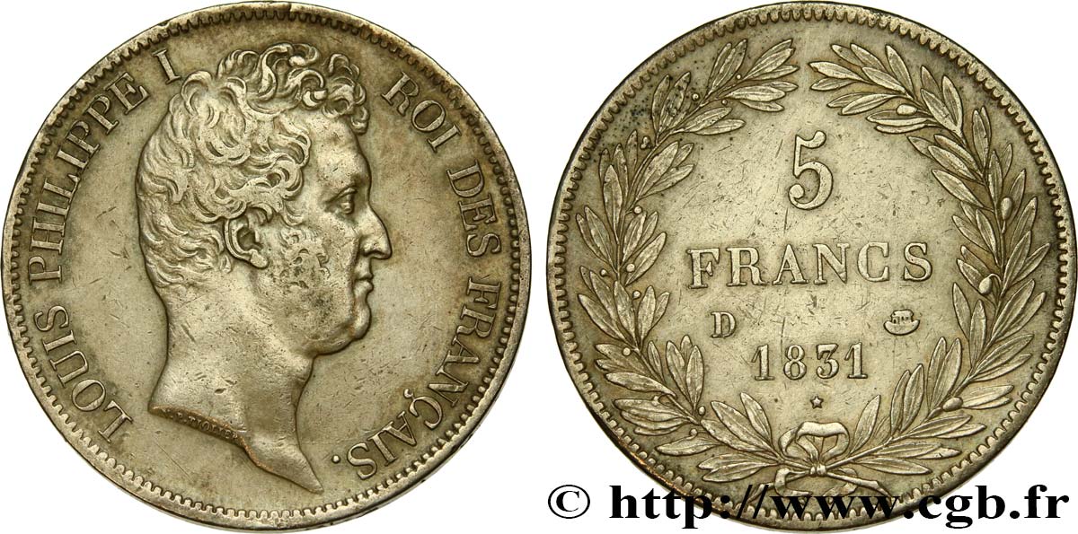 5 francs type Tiolier avec le I, tranche en creux 1831 Lyon F.315/17 AU 