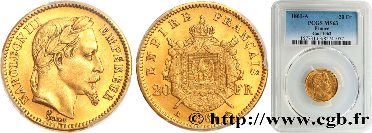 20 francs or Napoléon III, tête laurée 1861 Paris F.532/1 fST63 PCGS