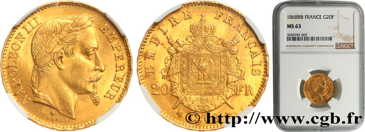 20 francs or Napoléon III, tête laurée 1868 Strasbourg F.532/19 SC63 NGC