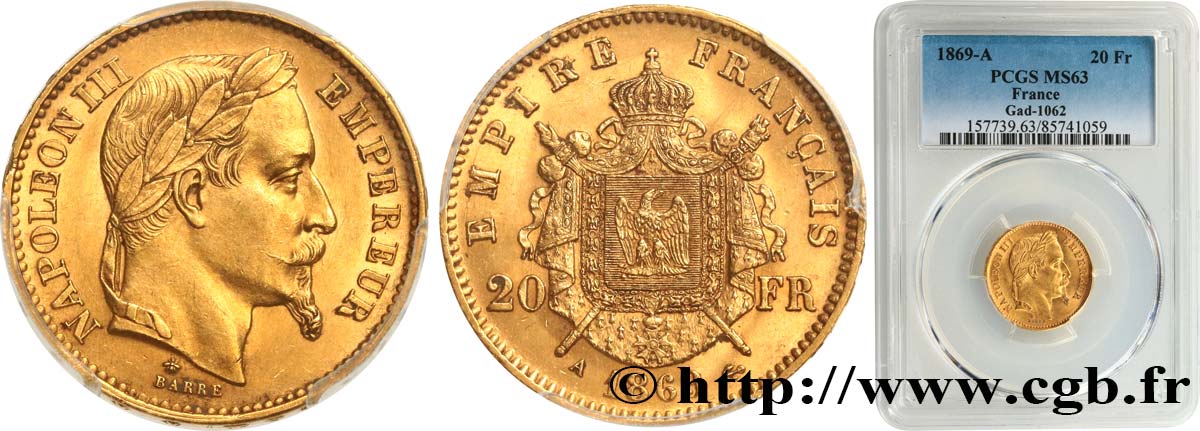 20 francs or Napoléon III, tête laurée 1869 Paris F.532/20 MS63 PCGS