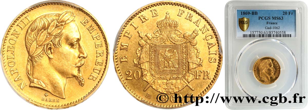 20 francs or Napoléon III, tête laurée, petit BB 1869 Strasbourg F.532/21 MS63 PCGS