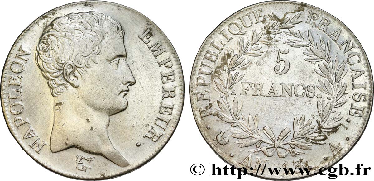 5 francs Napoléon Empereur, Calendrier révolutionnaire 1805 Paris F.303/2 TTB+ 
