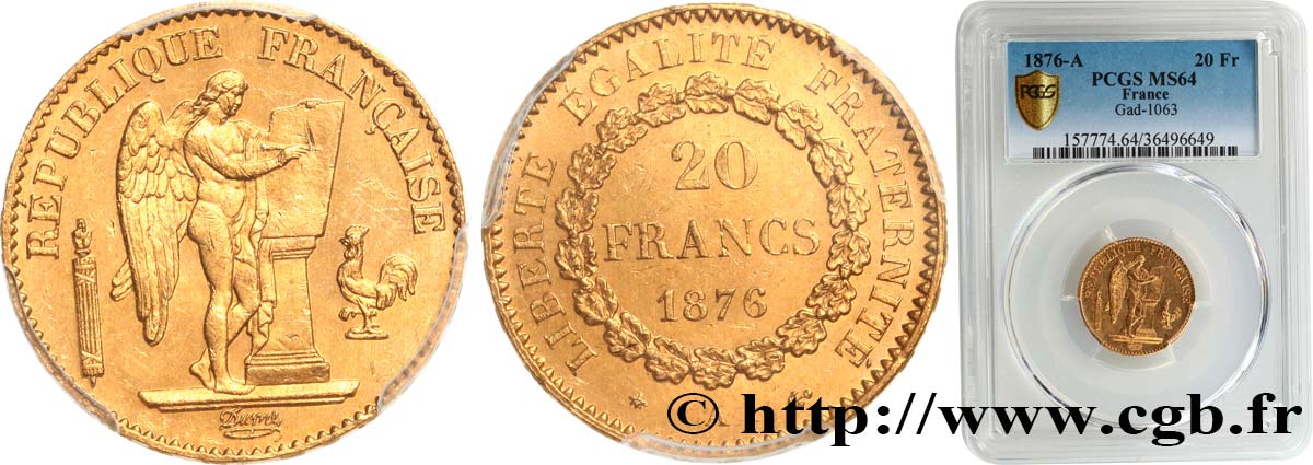 20 francs or Génie, IIIe République 1876 Paris F.533/4 SC64 PCGS