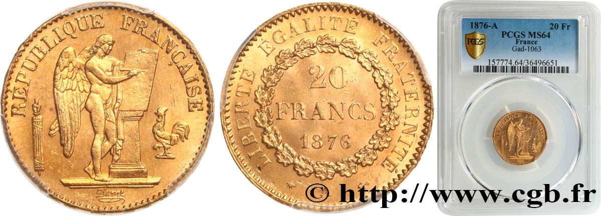 20 francs or Génie, IIIe République 1876 Paris F.533/4 fST64 PCGS