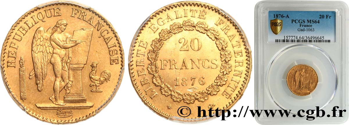 20 francs or Génie, IIIe République 1876 Paris F.533/4 MS64 PCGS