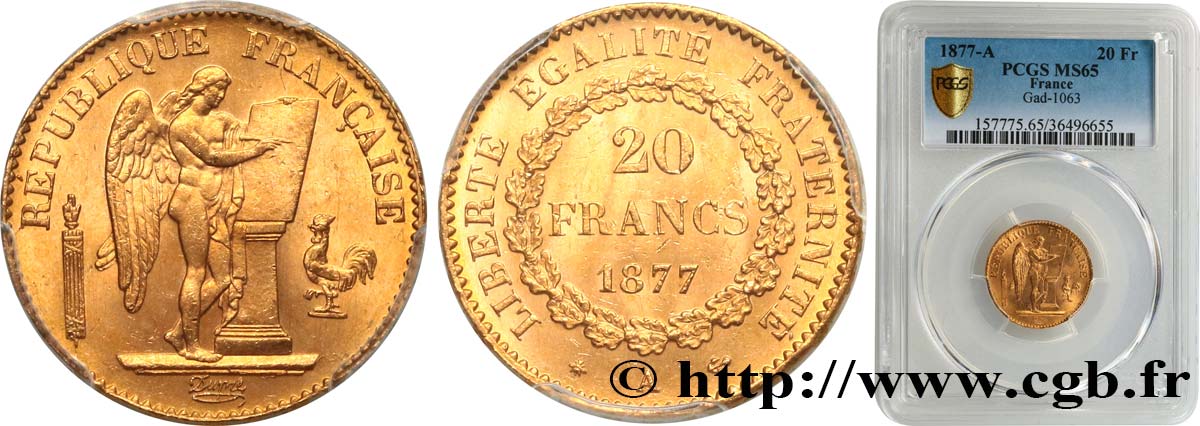 20 francs or Génie, Troisième République 1877 Paris F.533/5 FDC65 PCGS