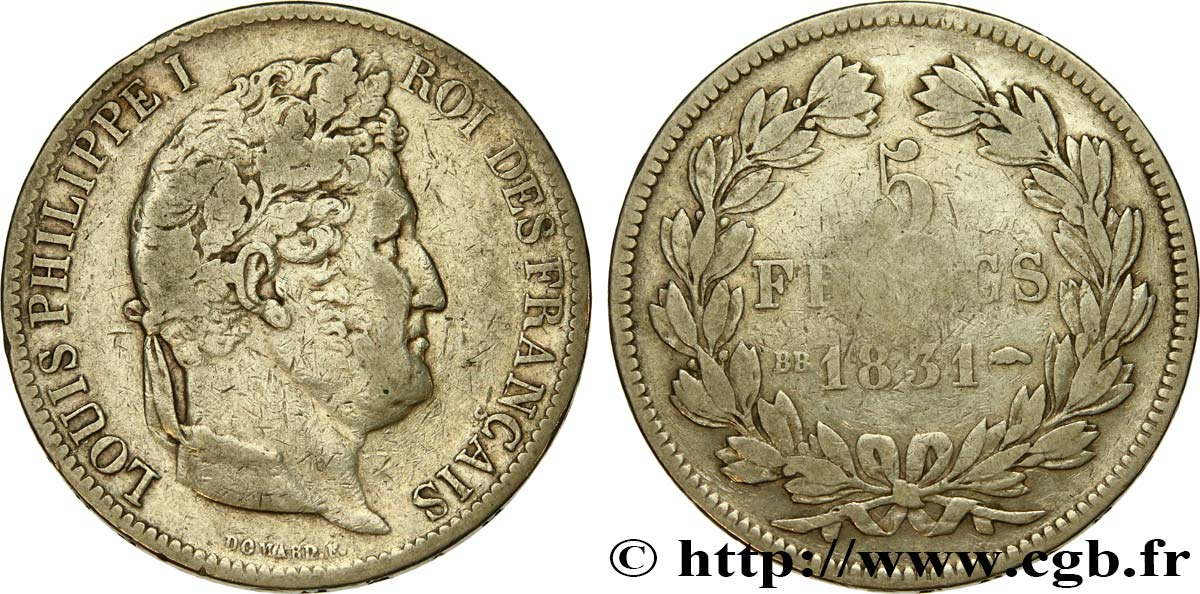 5 francs Ier type Domard, tranche en creux 1831 Strasbourg F.319/1 MB 