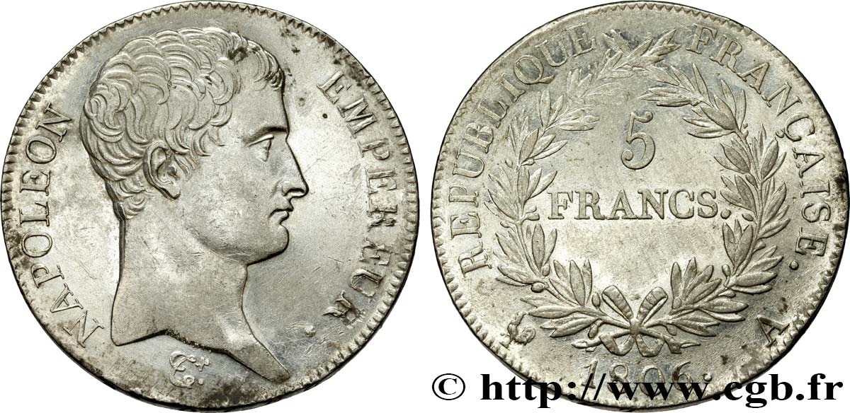 5 francs Napoléon Empereur, Calendrier grégorien 1806 Paris F.304/1 fVZ 