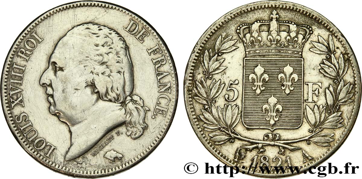 5 francs Louis XVIII, tête nue 1821 Paris F.309/60 MBC 