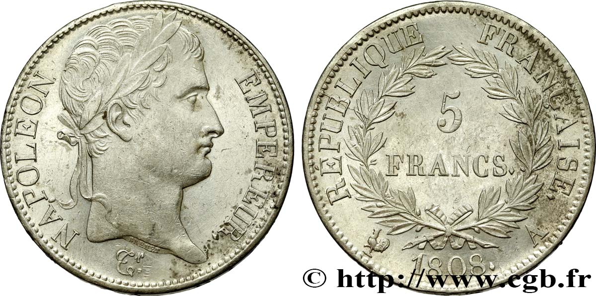 5 francs Napoléon Empereur, République française 1808 Paris F.306/2 VZ 