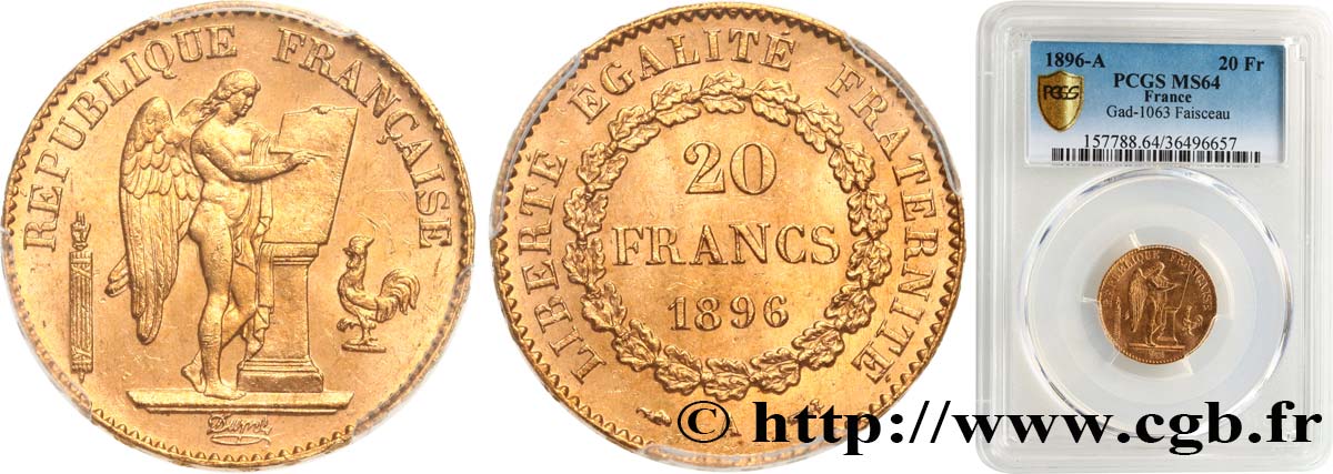 20 francs or Génie, Troisième République 1896 Paris F.533/20 fST64 PCGS