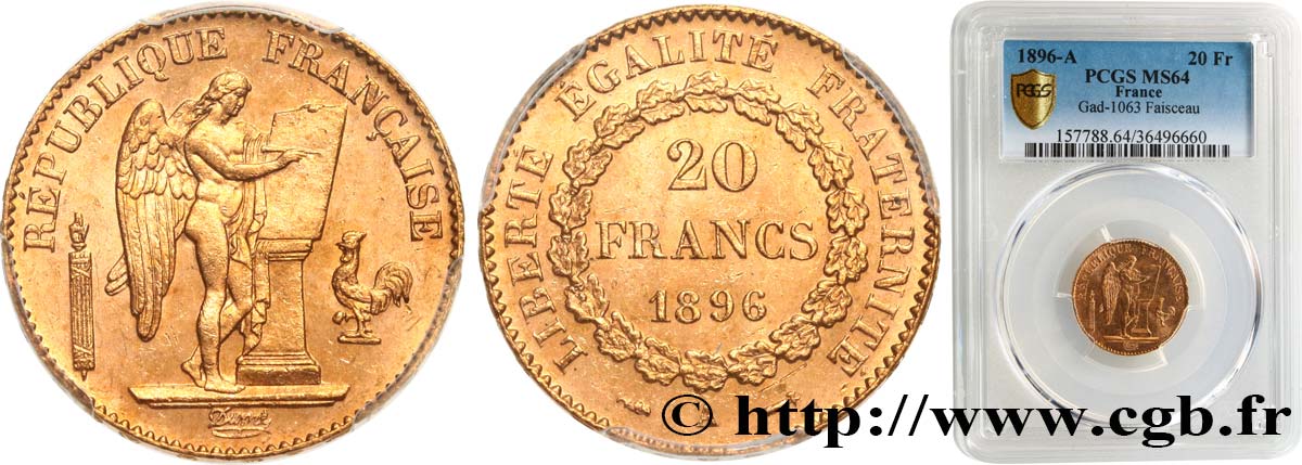 20 francs or Génie, Troisième République 1896 Paris F.533/20 SC64 PCGS