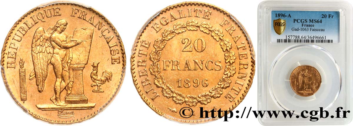 20 francs or Génie, Troisième République 1896 Paris F.533/20 SPL64 PCGS