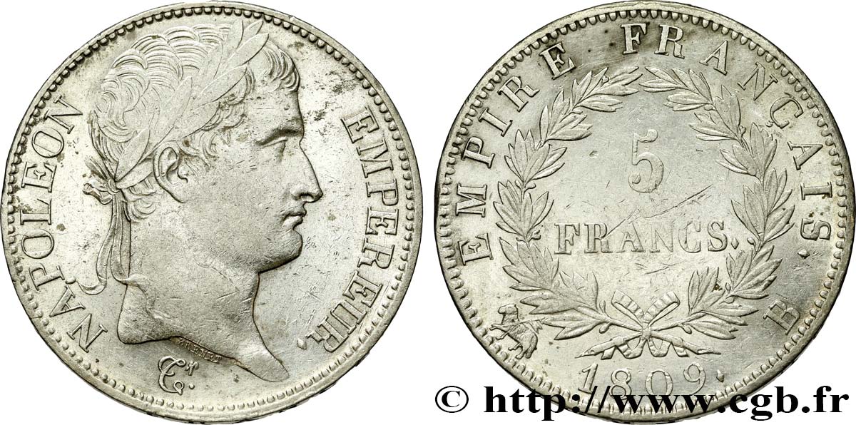 5 francs Napoléon Empereur, Empire français 1809 Rouen F.307/2 fVZ 