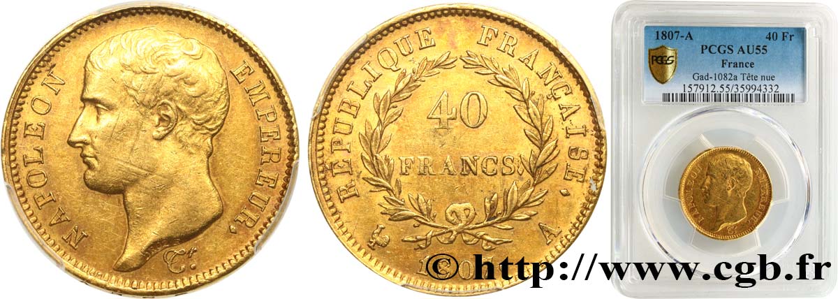 40 francs or Napoléon tête nue, type transitoire 1807 Paris F.539/1 VZ55 PCGS