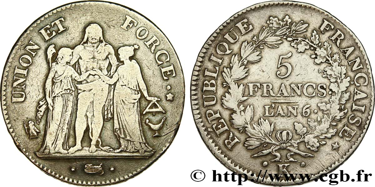5 francs Union et Force, Union serré, avec glands intérieurs et gland extérieur 1798 Bordeaux F.288/55 VF 