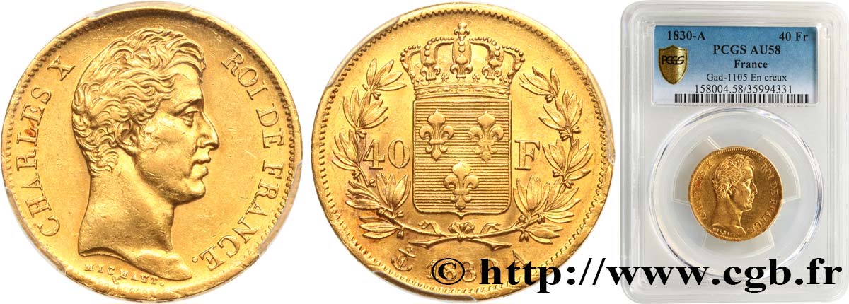 40 francs or Charles X, 2e type 1830 Paris F.544/5 AU58 PCGS