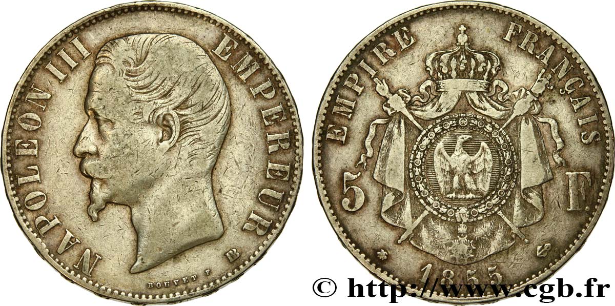 5 francs Napoléon III, tête nue 1855 Strasbourg F.330/4 TB 