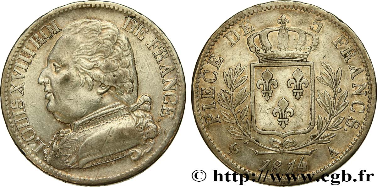 5 francs Louis XVIII, buste habillé 1814 Paris F.308/1 XF 