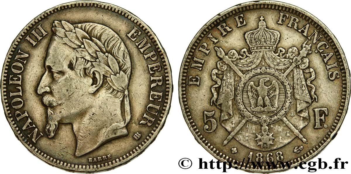 5 francs Napoléon III, tête laurée 1868 Strasbourg F.331/13 VF 